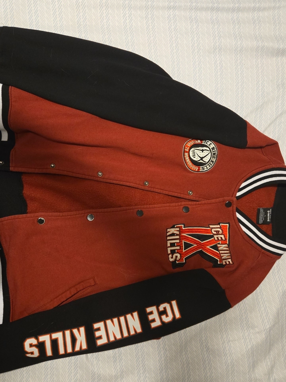Hot Topic Two-Tone Varsity Jacket in Rust and Black